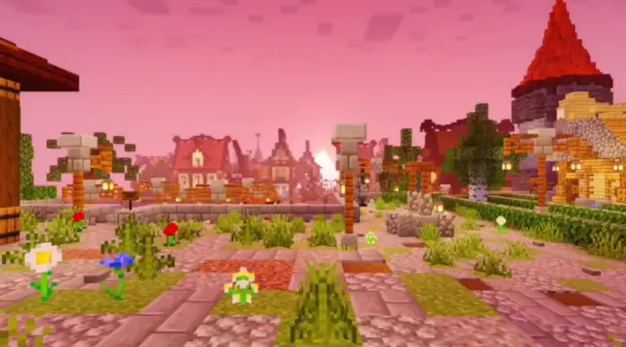 Vibrant sunset lighting over village scene