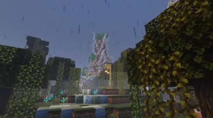 Rainy forest scene with enhanced lighting