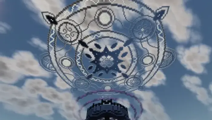 Intricate pixel art structure under soft clouds