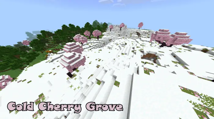 Snowy landscape with pink cherry trees