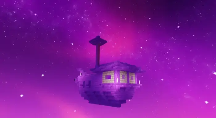 Blocky purple ship floats in a vibrant sky