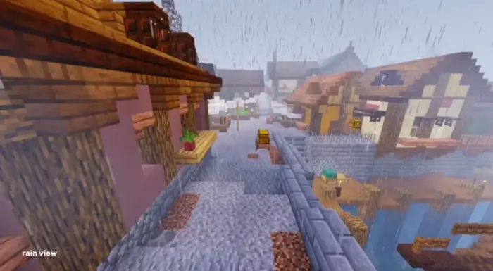 Rainy village scene with enhanced lighting