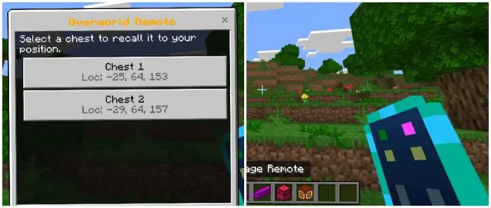 1. Chest selection menu with coordinates 2. Player holding a futuristic storage device