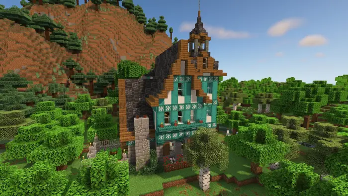 Half-timbered cottage in a forest clearing