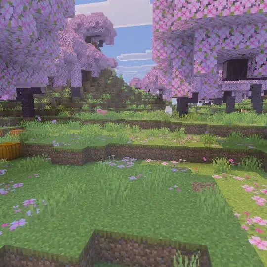 Blocky landscape with pink cherry trees