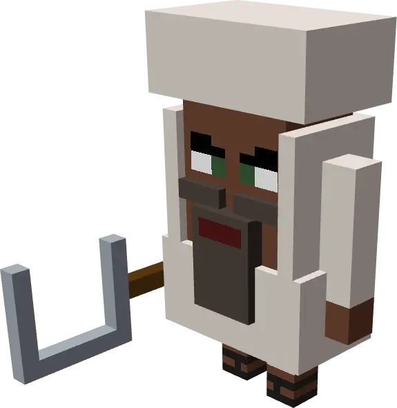 Blocky character in white robe holding tool