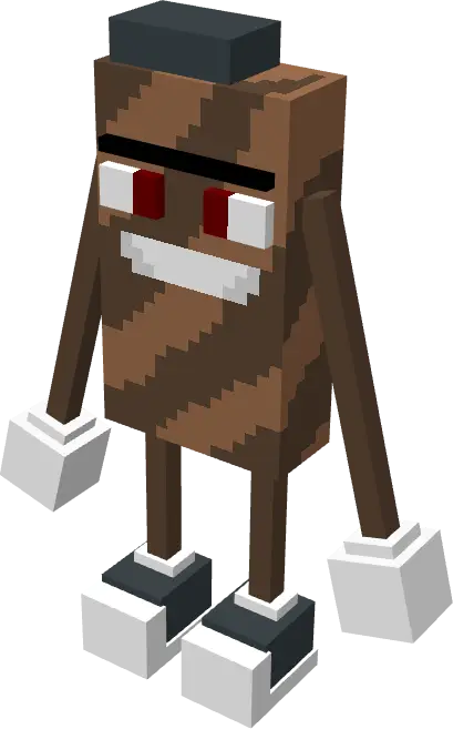 Blocky wooden creature with red eyes