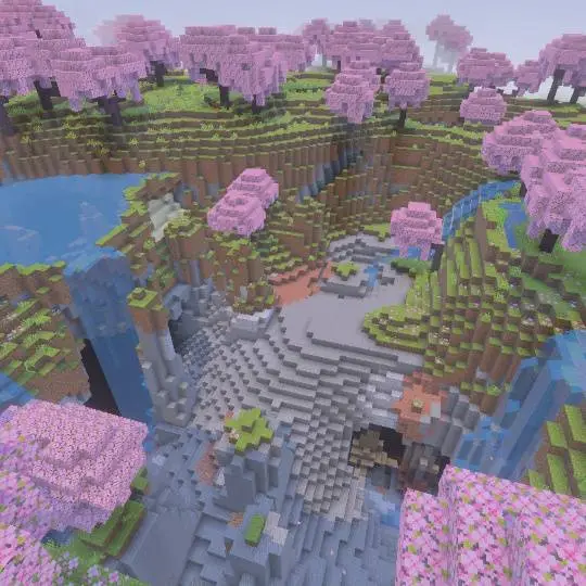 Voxel landscape with pink cherry blossom trees