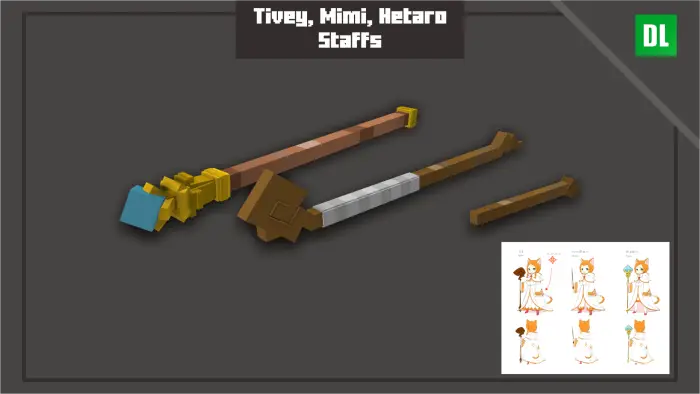 Three pixelated fantasy staffs on display.