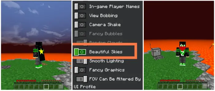 1. Player stands on grass surrounded by lava 2. Graphics settings menu with Beautiful Skies 3. Player on a small island in a