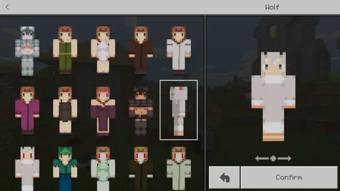 Character skin selection with cute mob models