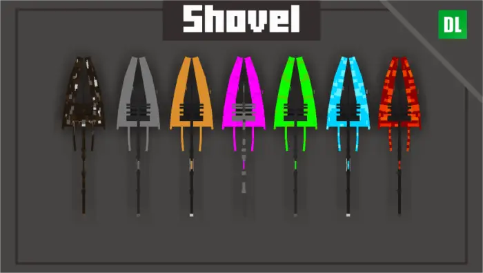 Seven futuristic shovels in various colors
