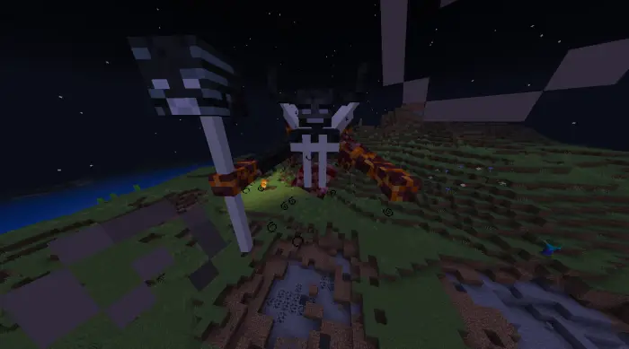 Blocky boss with fiery arms at night