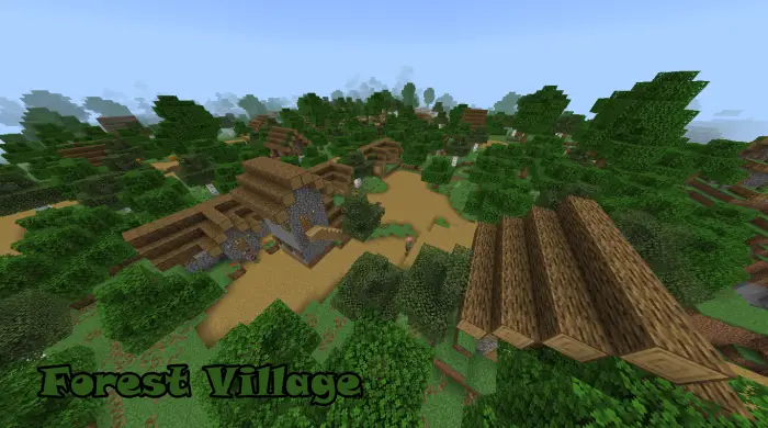Forest village with wooden houses and trees