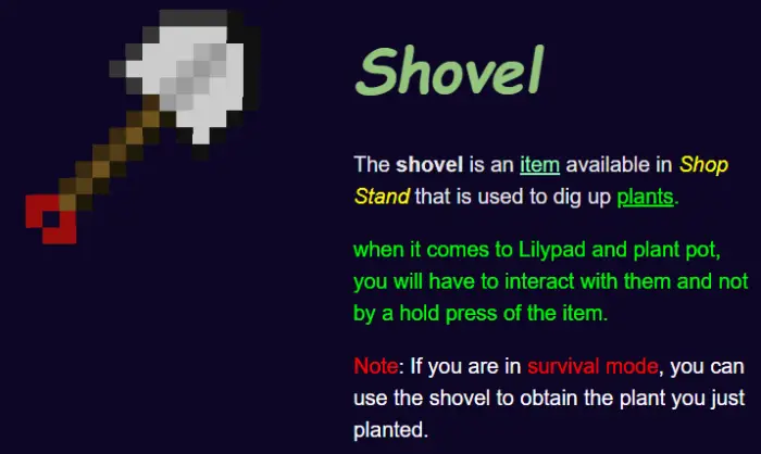 Pixelated shovel tool with usage instructions