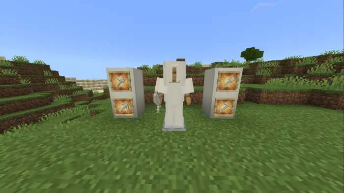 Armor stand with white armor and tool displays