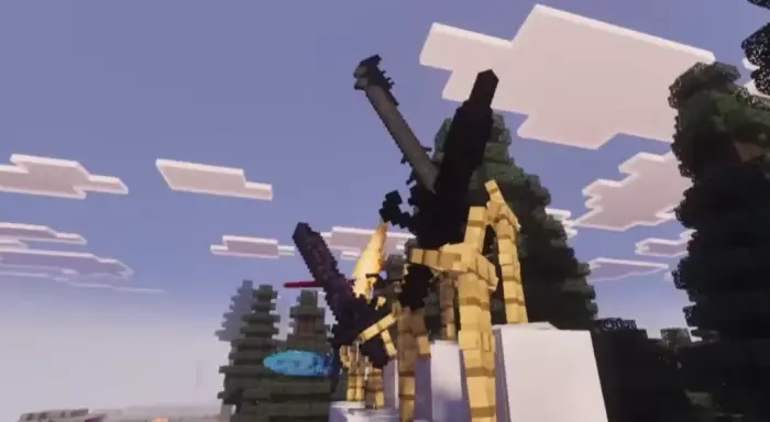 Golden armor stands with large black swords