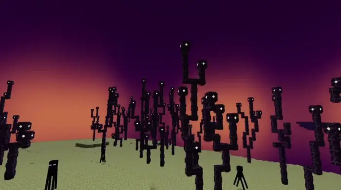 Purple sky with glowing-eyed creatures.