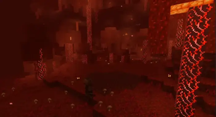 Glowing red cave with vibrant lighting effects