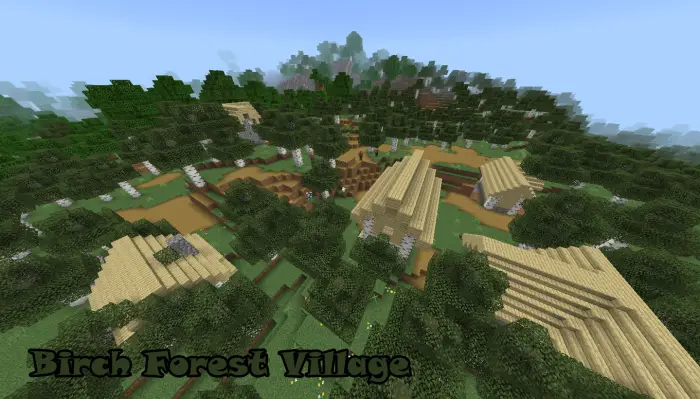 Birch forest village with wooden houses
