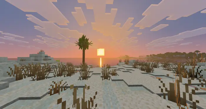 Blocky beach landscape at sunset