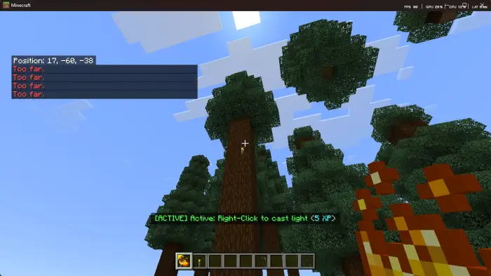 Player aiming at tall trees with mod tool active