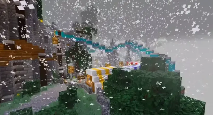 Snowfall over colorful village with shaders