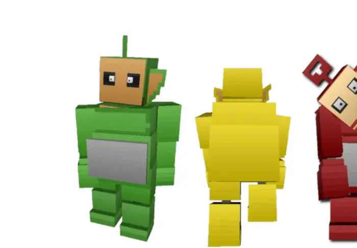 Blocky animatronic characters stand together