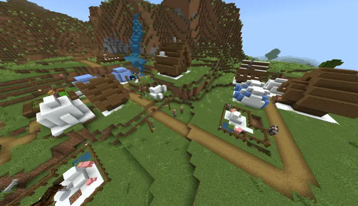 Village structures on grassy plains terrain