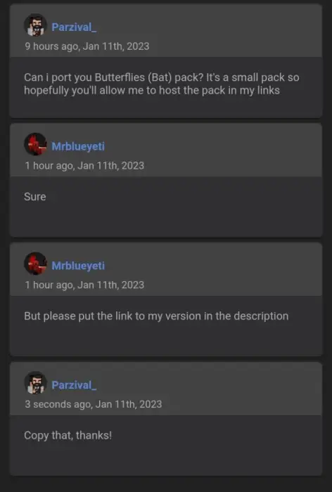 ALT text User chat about porting butterfly bat pack