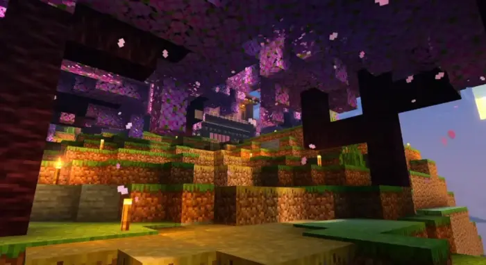 Vibrant lighting and glowing trees at sunset