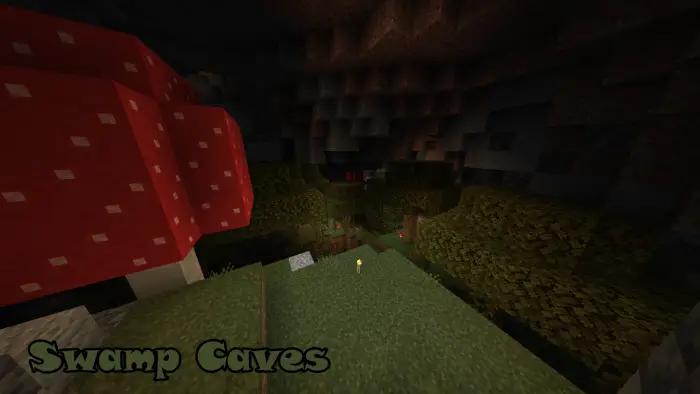 Large mushroom and grass in a dark cave.