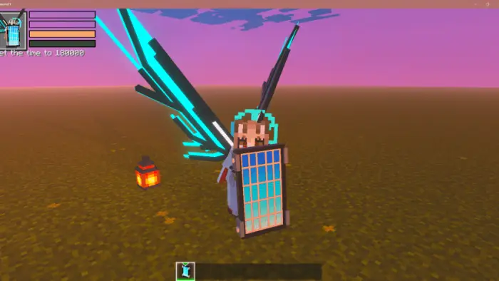 Player with glowing sword, wings, and shield