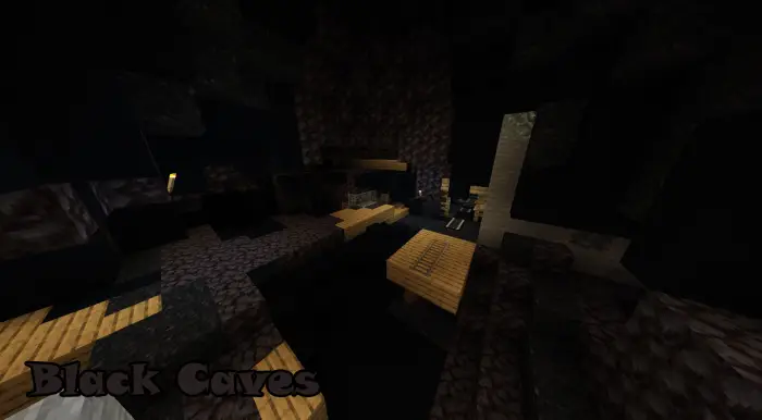 Dark underground cave with wooden platforms