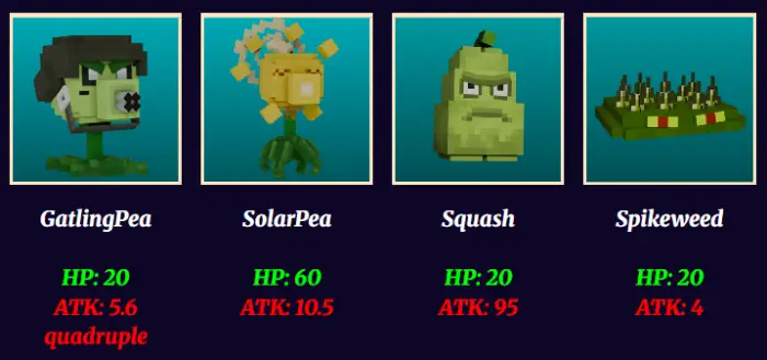 GatlingPea, SolarPea, Squash, Spikeweed stats