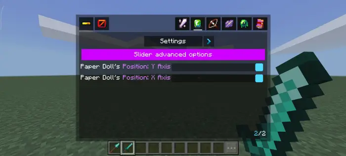 Custom HUD settings menu with sword equipped