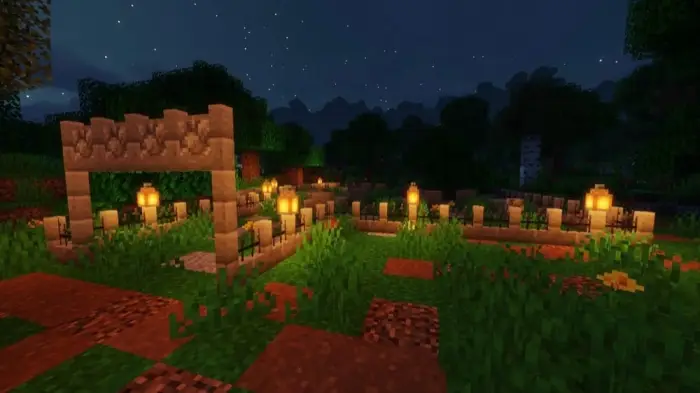 Stone garden with lanterns at night