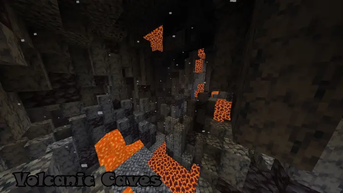 Dark cave with flowing lava streams