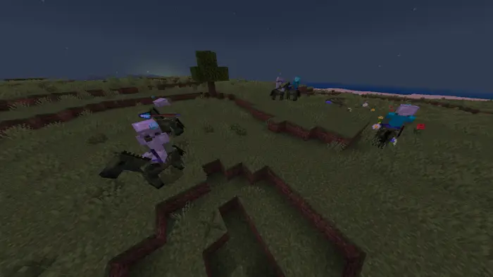 Skeleton riders patrol a grassy plain at night.