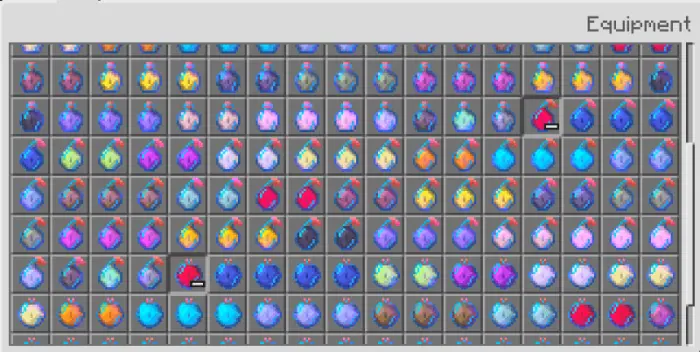 Many colorful potion bottles in inventory.