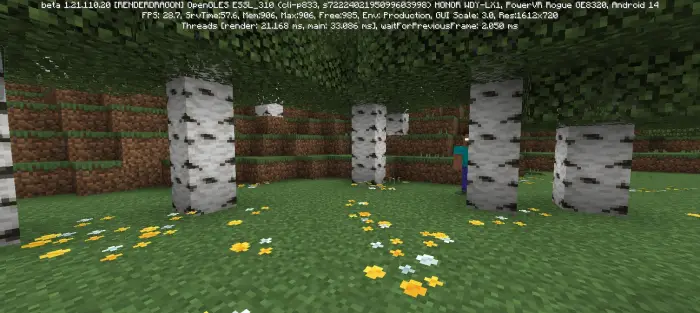 Player lurking among birch trees and flowers