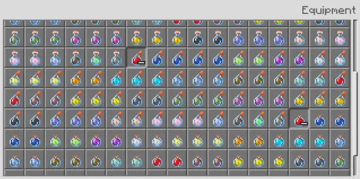 Grid of colorful potion bottles in inventory