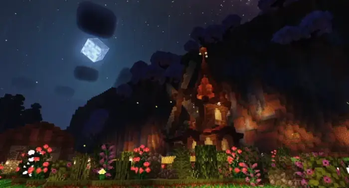 Night scene with vibrant lighting and shadows