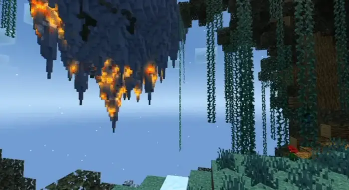 Floating island with glowing lights and vines