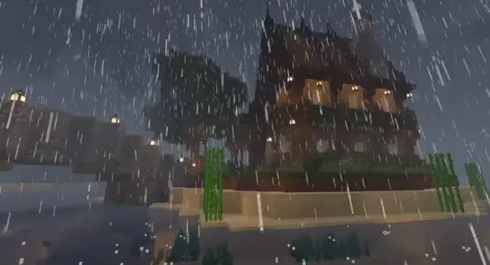 Rain falls on a lit house with smooth lighting