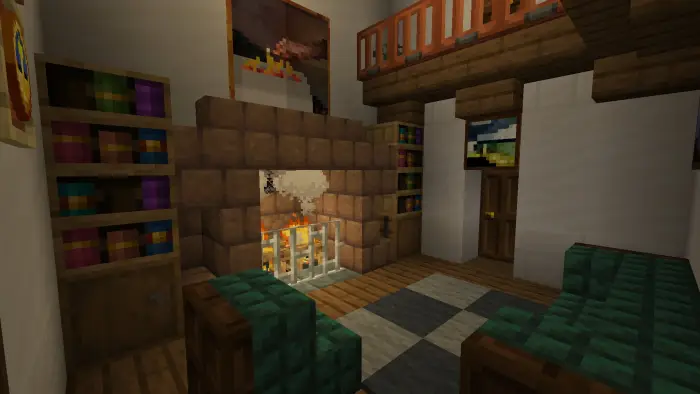 Cozy elven house interior with fireplace