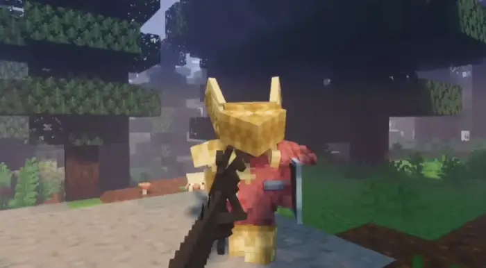 Player in gold armor set in a forest