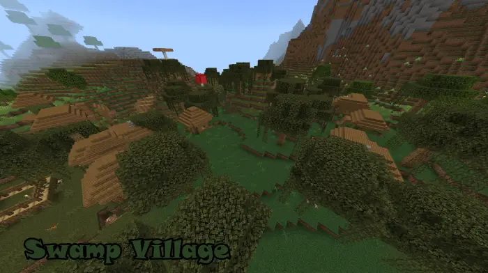 Swamp village with wooden houses and trees