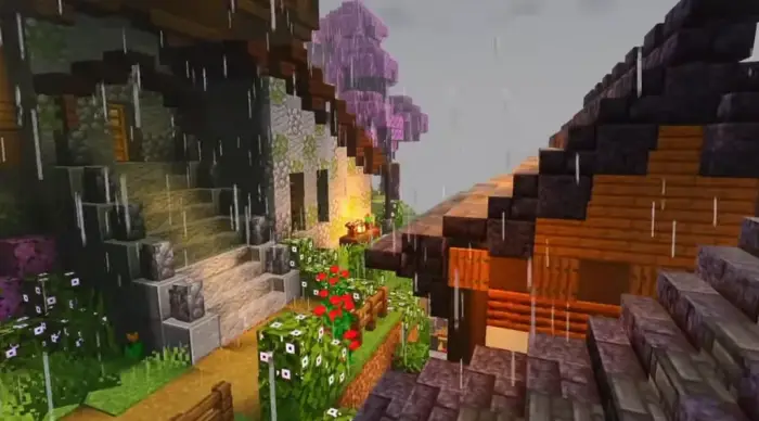 Rainy village scene with enhanced lighting