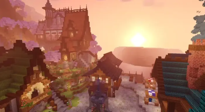 Sunset over vibrant, detailed village scene